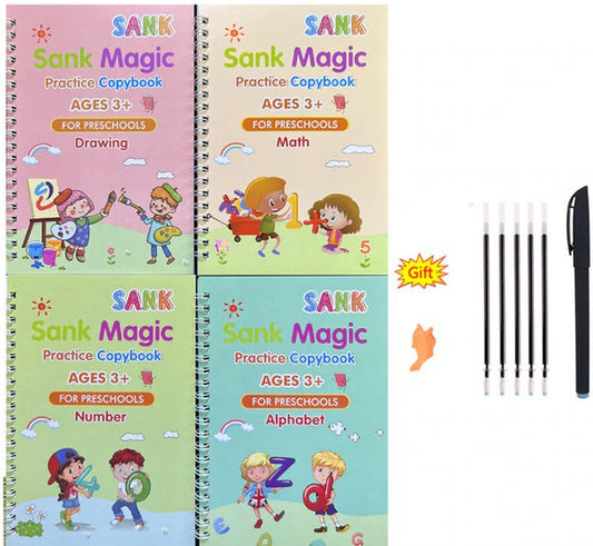 4Pcs Sank Magic Practice Copybook Pen Preschools Kids Calligraphy English Verison Free Wiping Children Reusable Writing Book