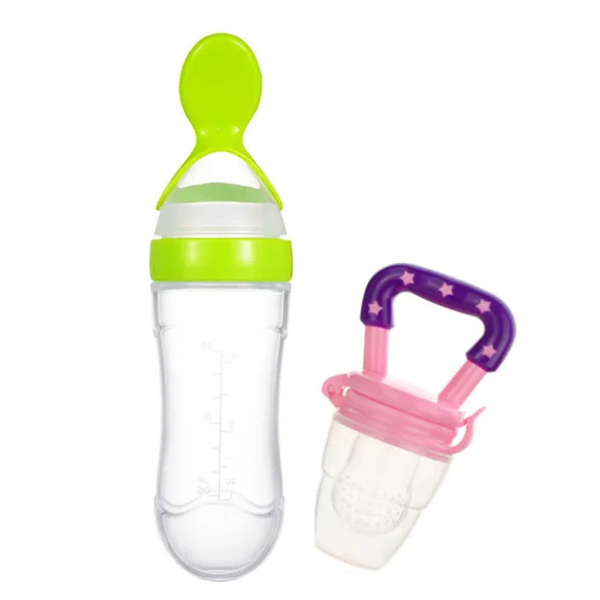 2-in-1 Baby Silicone Squeeze Feeding Spoon & Rattle Fruit Nibbler Set